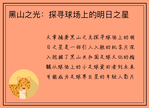 黑山之光：探寻球场上的明日之星